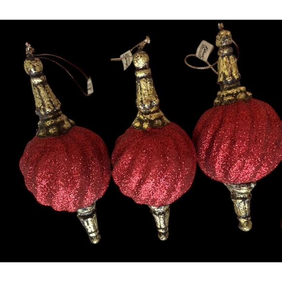 6 Katherine's Christmas Collection Red Glitter Swirl Ornaments W Gold Tips Base - Picture 9 of 10